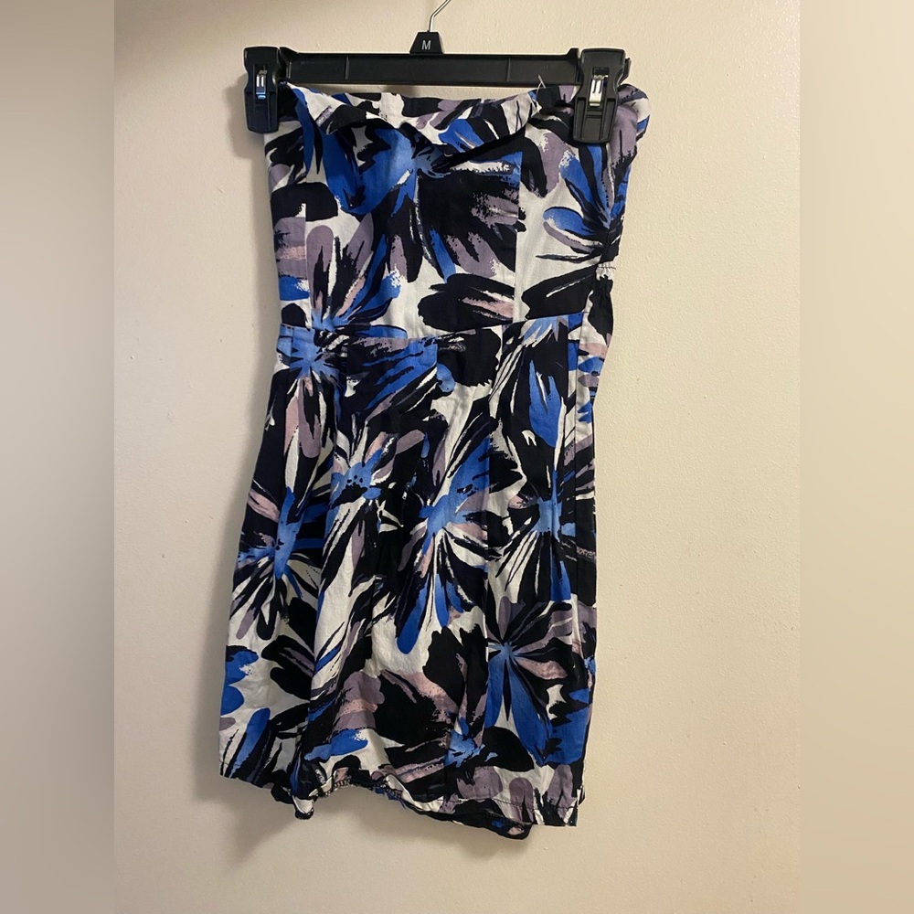 Fab Womens Juniors Strapless Tunic Blouse Top S Small Blue Floral Print Hawaiian